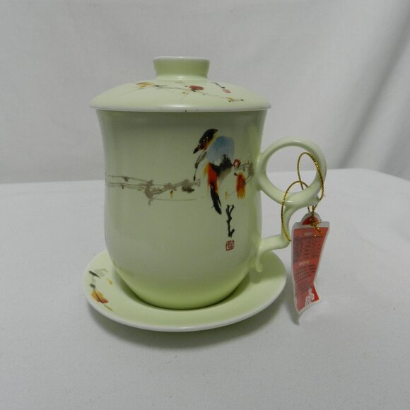 Chengyi Ceramics Cup Mug with Saucer & Lid green Birds Asian Chinese NEW NWT - Picture 1 of 12